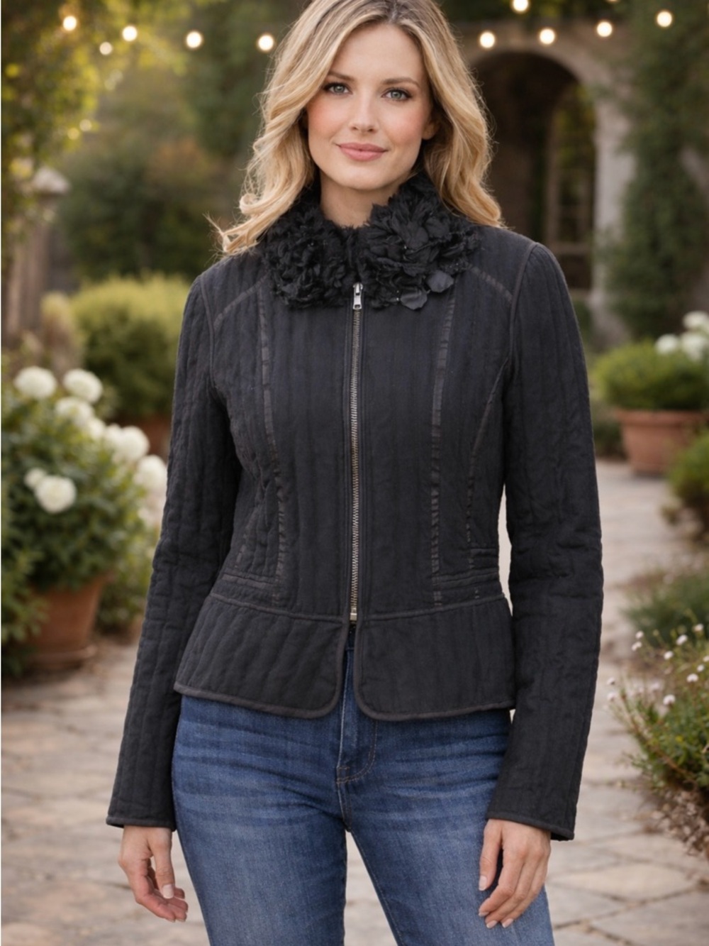 Carole Little Black Quilted Jacket with Floral Collar